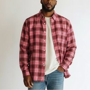 Barbour Button Down Linen Cotton Blend Men Medium Pink Plaid